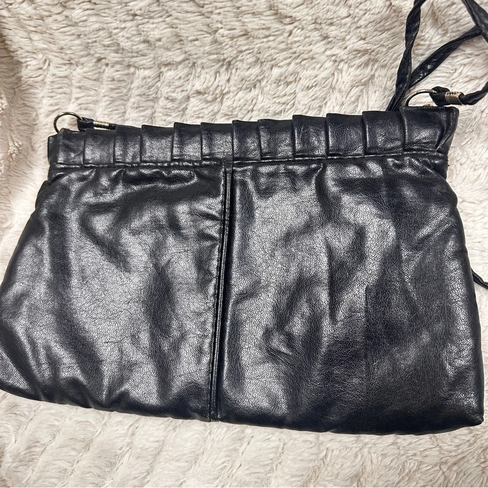 Vintage Chic Black Leather Clutch with strap, Metal inside makes diamond opening
